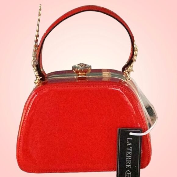 NEW BRIGHT SHINY RED HAND BAG WITH CROSSBODY CHAIN LARGE STONE BLING DECORATION - Picture 5 of 16